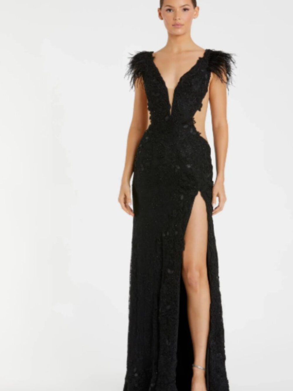 Mac Duggal Black Lace, Beads and Feather Evening Gown-Medium Original Over $350